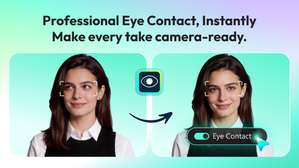 Filmora の AI アイ コンタクト補正機能を有効にした前後を比較した画像